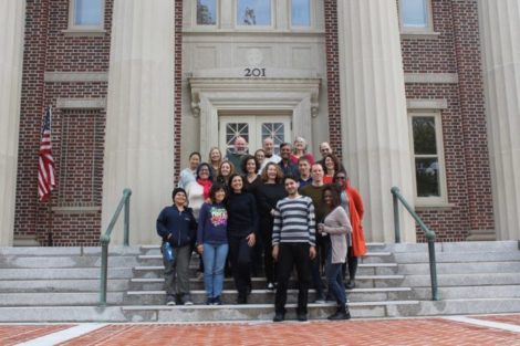 Five of the 25 Obama Foundation Scholars, along with their own families, Sag Harbor hosts and other friends and community members, paused for a moment outside the John Jermain Memorial Library after Saturday’s welcome breakfast. Christine Sampson photo